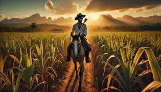 Diego Santiago rides his horse through a Cuban sugarcane field, the golden sunlight casting long shadows on his determined face.