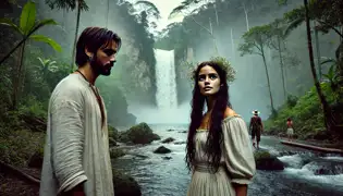 Diego Santiago and Camila stand near El Nicho waterfalls, the mist surrounding them as she shares the legend of the Firebird.