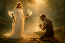 Goddess disguised offering golden axe while woodcutter kneels humbly