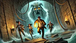 Dr. Samir and his team flee through a collapsing tunnel as the Guardian chases them, Layla clutching a glowing artifact.