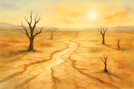 Une terre rouge craquelée avec des arbres dégarnis sous un ciel sans nuages dans l'Outback.