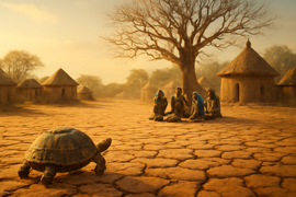 A dry cracked village ground and a lone tortoise approaching a sorrowful rainmaker
