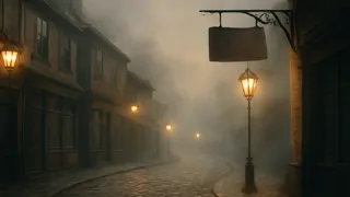 Empty cobblestone street of Dublin illuminated by dawn light