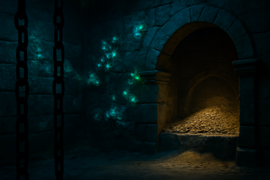 Eine unheimliche Dungeon-Kammer mit eisernen Ketten und leuchtendem Schimmel