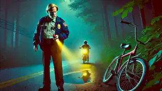 Chief Jim Hopper investigates Will Byers' disappearance, shining a flashlight on a misty road beside an abandoned bike.