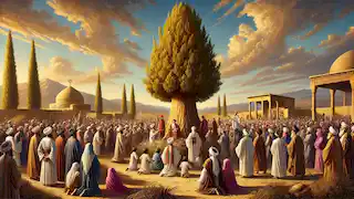 Villagers and pilgrims gather in reverence around the towering Sacred Cypress during a sacred ceremony.