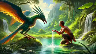  Chayton kneels beside a pristine lake in a lush valley, with the Thunderbird standing next to him.