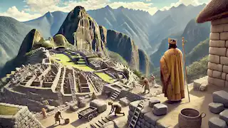 Pachacuti oversees the construction of Machu Picchu, with workers building stone terraces high in the Andes mountains.