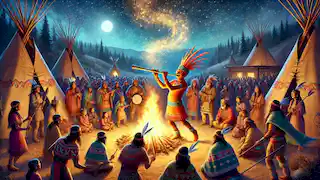  Villagers celebrating the harvest around a large fire, with Kokopelli playing his flute at the center.