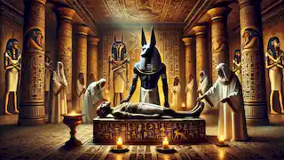 Anubis performs the sacred rites of mummification over a body with priests assisting in a dimly lit chamber.