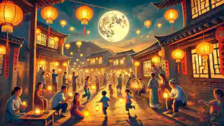 A Chinese village celebrates the Mid-Autumn Festival, with families sharing mooncakes and lighting lanterns under the full moon.