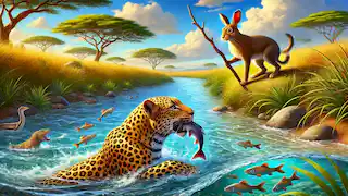 The Leopard catches fish in the river while the Hare watches with a stick, planning his next move.