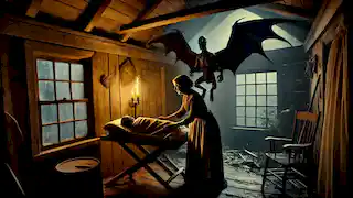 Inside a cabin during a storm, Mother Leeds gives birth to the cursed creature, the Jersey Devil, with a midwife nearby.