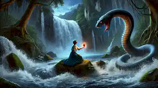 Anna retrieves a glowing stone from a roaring waterfall while a massive serpent coils nearby.