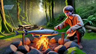 Young Fionn mac Cumhaill tending to the Salmon of Knowledge over a fire in an ancient Irish forest.