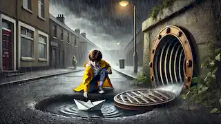 Georgie plays with a paper boat near a sewer drain on a rainy day as shadows lurk within the sewer