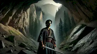 Rostam stands determinedly at the entrance of a dark cave in the Alborz Mountains.