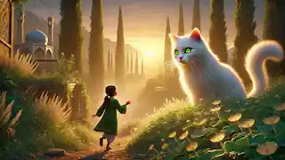 Young girl encounters the mystical Persian cat in a grove as the evening sun casts a golden glow.