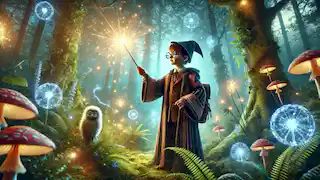 A young wizard with round glasses casting a spell in a glowing enchanted forest, surrounded by magical energy.