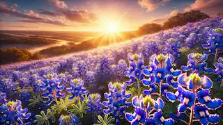 Bluebonnets blooming across the Texas landscape, sparkling in the sunlight after rain.