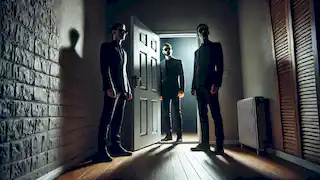 Two mysterious men in black suits stand at a witness's door, creating an eerie and tense atmosphere.