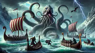 The Kraken's tentacles crush Viking longships in the stormy waters off Greenland.