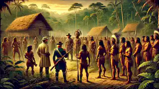 European explorers arrive at the edge of a Shuar village, facing watchful Shuar warriors prepared to defend their land.