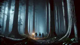 Three characters cautiously walk into a dark forest at night with one holding a glowing wand.