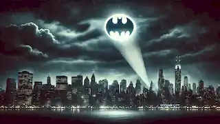 The Gotham City skyline at night with the Bat-Signal shining brightly in the sky.