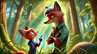 Felix giving advice to Luna, the young fox, in the forest. Luna listens attentively, looking up to him.