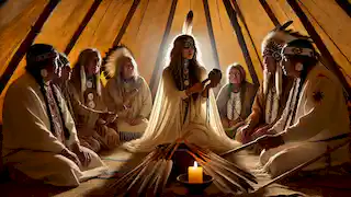 White Buffalo Calf Woman offers the sacred pipe to Lakota elders inside a tipi, surrounded by ceremonial objects.