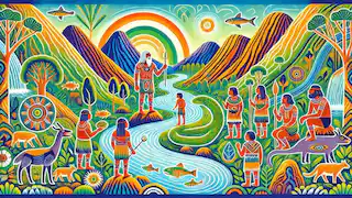 The first people created by the Rainbow Serpent, learning to live in harmony with the land by rivers and mountains.