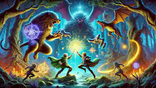 Quest for the Enchanted Emerald: Liam battling the sorcerer in the Dark Forest, surrounded by enchanted beasts and mystical light. The scene is vibrant with detailed textures, depicting the intense battle, magical elements, and dark forest setting.