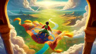 A young boy soars on a glowing Magical Carpet over Persian landscapes of green valleys, rivers, and golden deserts