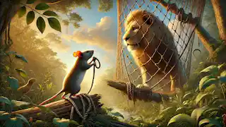 The mouse gnaws at the ropes to free the lion from a hunter's net.