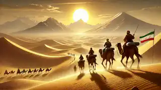 Arash and companions cross the Persian desert with camels, heading towards Mount Alborz under a blazing sun.