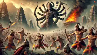 Ravana's demon army and Rama’s forces clash on the battlefield, with a burning Lanka in the background.