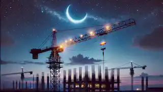 The Excavator rests, arm lowered, under a calming twilight sky at the construction site.