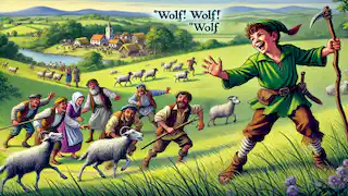 Peter on a hill shouting 'Wolf!' while villagers rush toward him with worried expressions and tools.