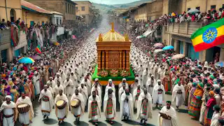  A grand procession during the Timkat festival in Axum, Ethiopia, with priests carrying a replica of the Ark of the Covenant.