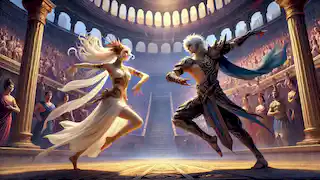 Elara and Lykos face off in a dance competition in an ancient arena.