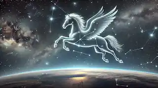 Pegasus in his celestial form as a constellation, flying among the stars with the Milky Way in the background.