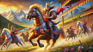 King Gesar victorious in the horse race to determine the true king