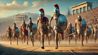 Hoplite race with armored athletes, including a determined Spartan in the lead.