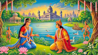 King Shantanu meets Satyavati by the river.