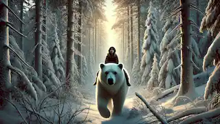 A young girl rides a large white bear through a snowy forest as the sun sets in the distance.