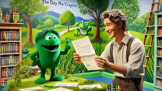 Duncan reading Green Crayon’s letter with lush green trees, grass, and frogs around.