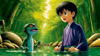 Hiroshi confidently declares the Kappa's true name, surprising the creature by the riverbank