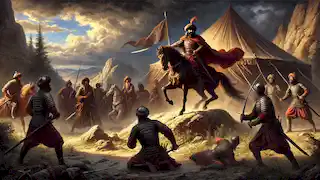 Bakhtiyar Khan draws his sword to escape an ambush during a meeting, encircled by loyal guards under a stormy sky