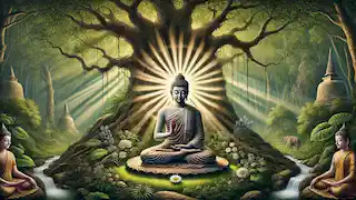 Buddha, the ninth avatar, meditates under the Bodhi tree, radiating peace and enlightenment.